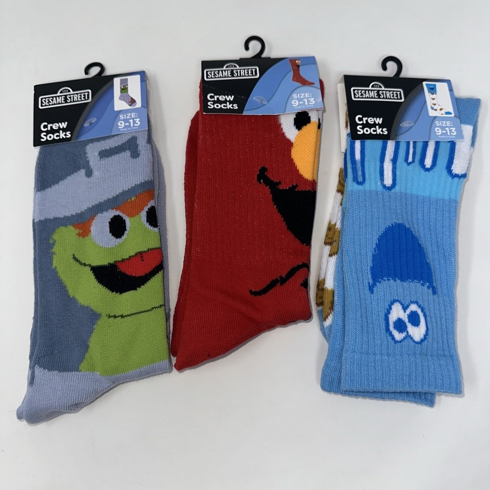 Lot 3 Sesame‎ Street Crew Socks Oscar Grouch Elmo Cookie Monster Size 9-13